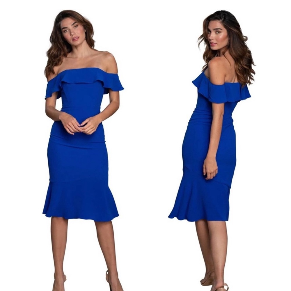 Dress the Population Faye Electric Blue Strapless Ruffle Midi Dress Size Small
